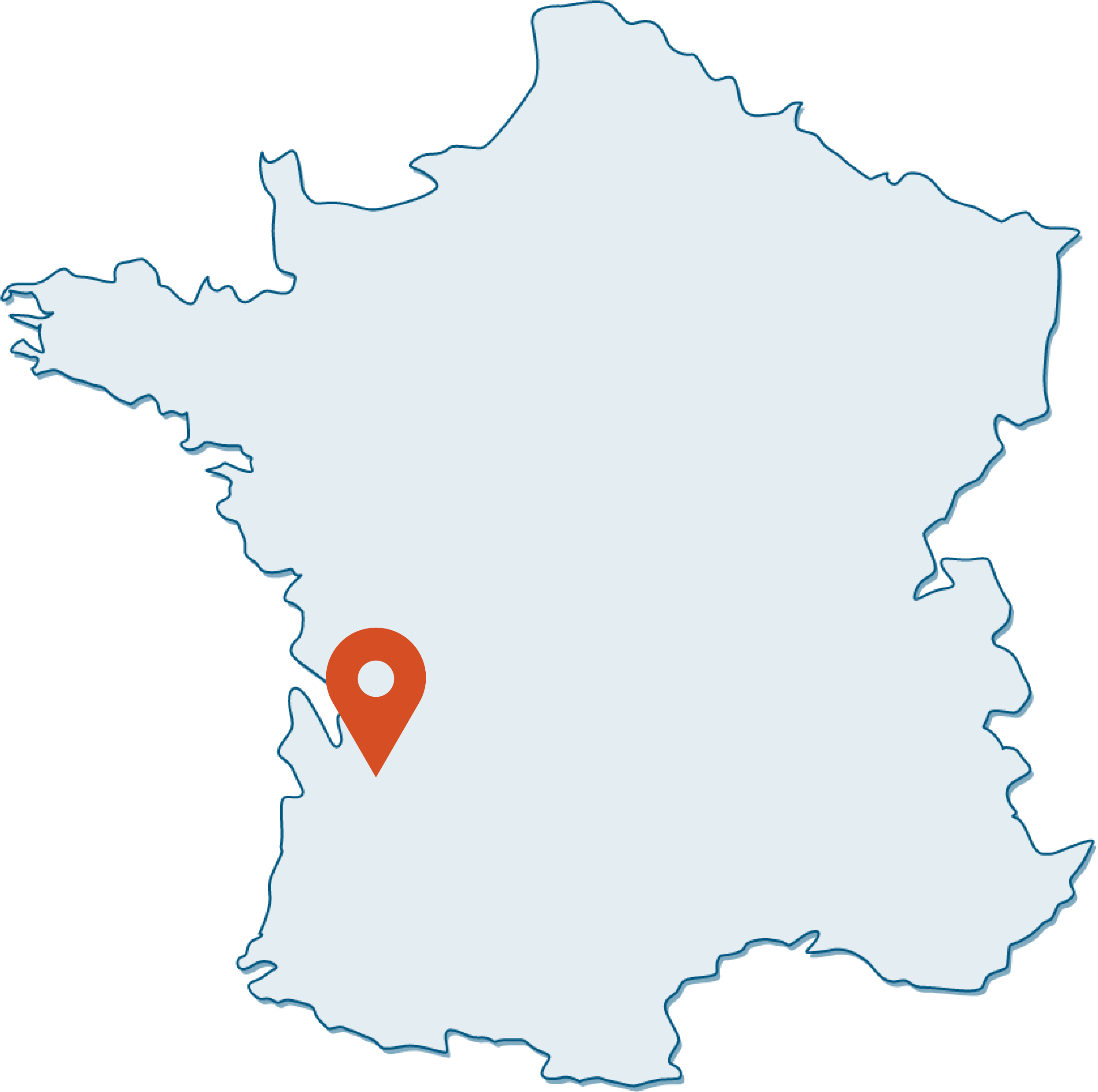 Localisation d'ITERG sur une carte de France au sud ouest vers bordeaux